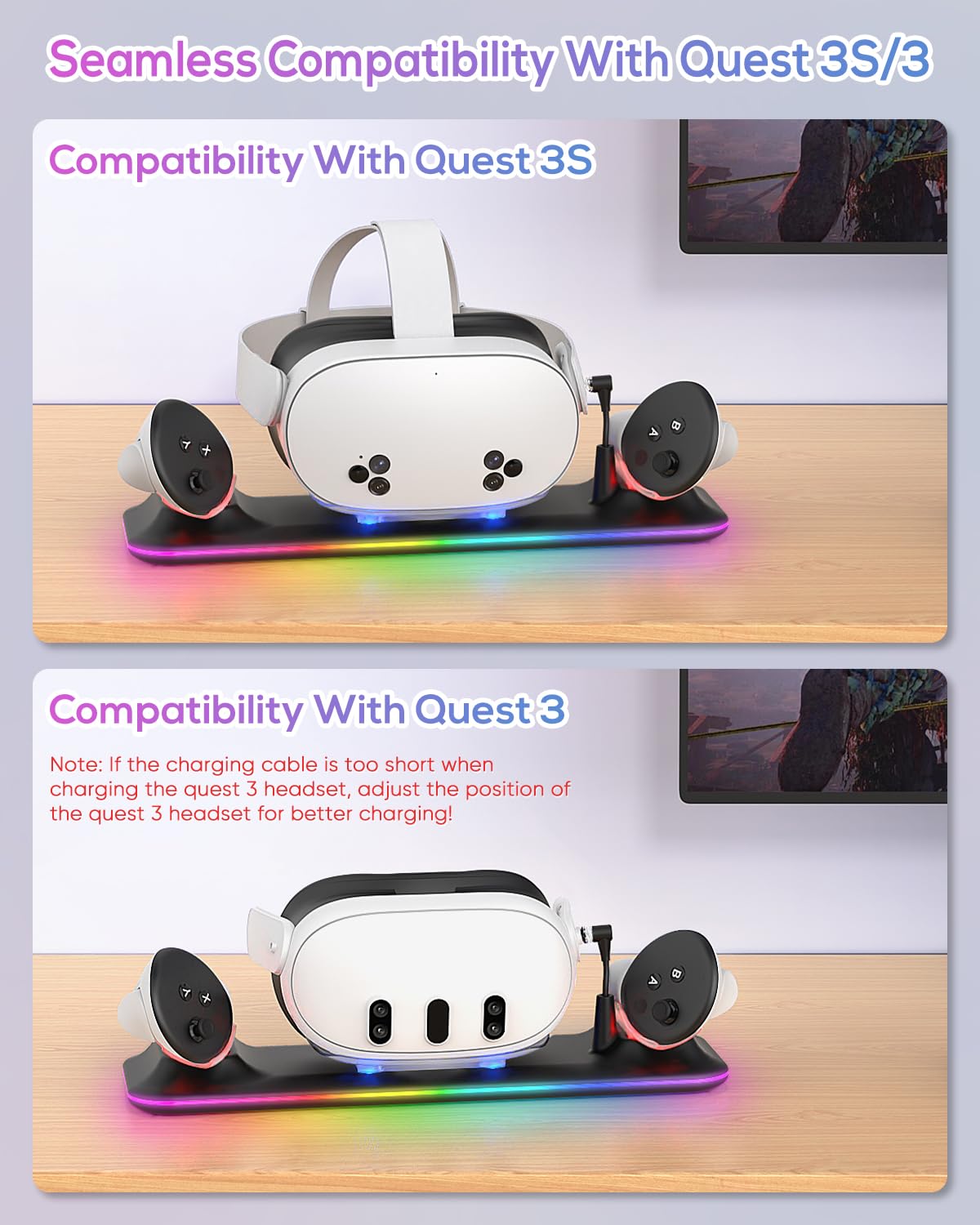 Charging Dock for Meta Quest 3S/3, Kinwin Magnetic Charging Station for Oculus Quest 3S/3 Accessories with RGB Light, Charging Stand for VR Headset & Controller with 2 Rechargeable Batteries (Black)