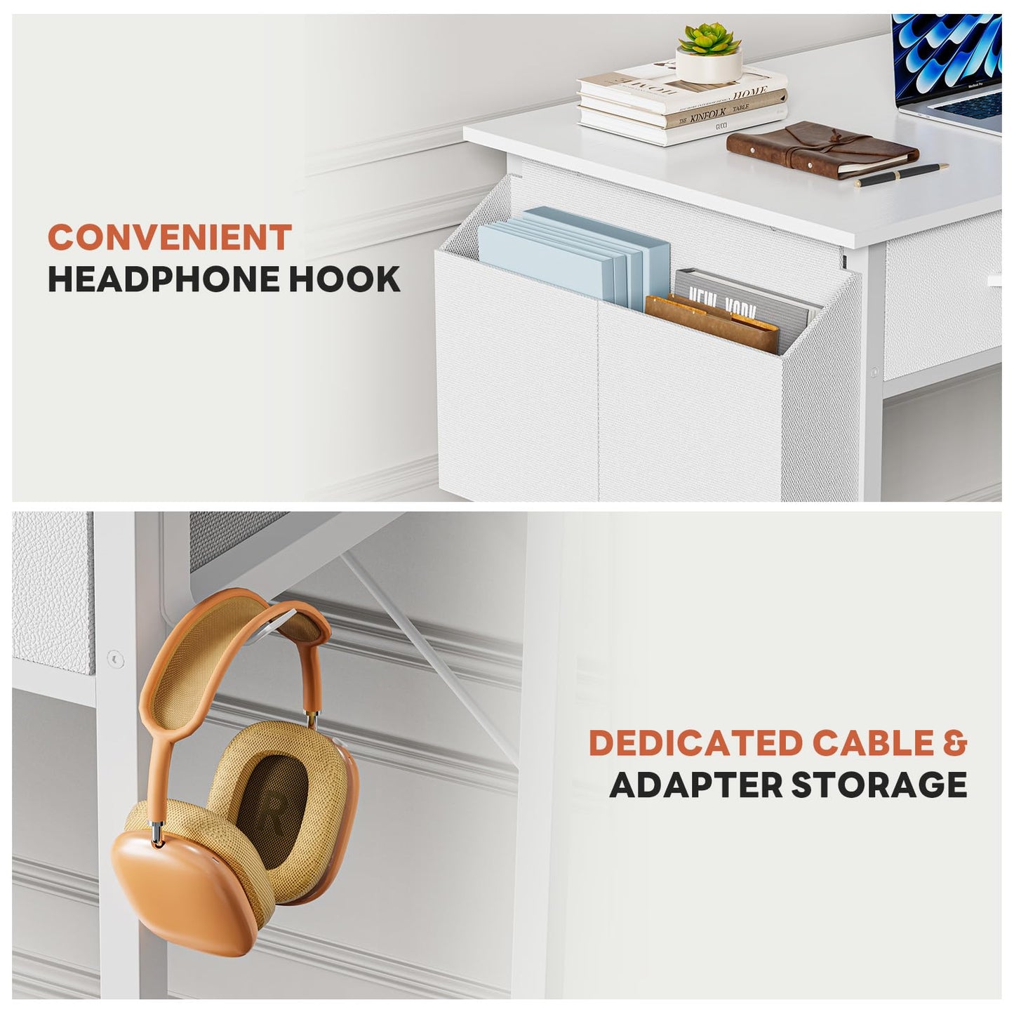 DUMOS 32" Home Office Computer Desk with Drawers, Small Gaming Writing Study Table with Storage Side Bag, Headphone Hook and Adjustable Feet for Bedroom White