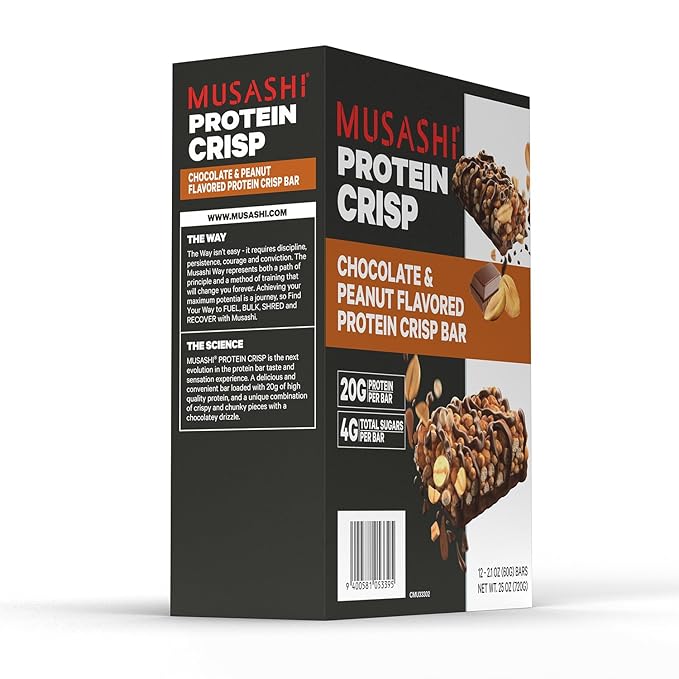 MUSASHI Protein Crisp Bar, 20g Protein, 4g Total Sugars, Chocolate & Peanut, Post Workout and Snack On The Go, 12 Pack of 2.1oz (60g) Bars