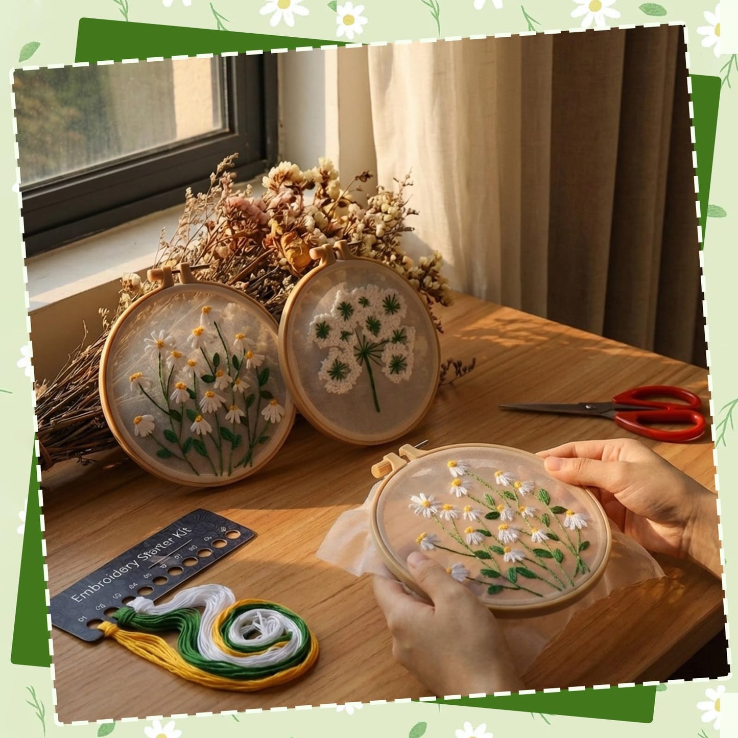 Ovveroche 3 Sets Embroidery Kit for Beginners, Flower Cross Stitch Kits for Adults, Starter, Hand Craft Lover Practice with Floral Stamped Pattern White