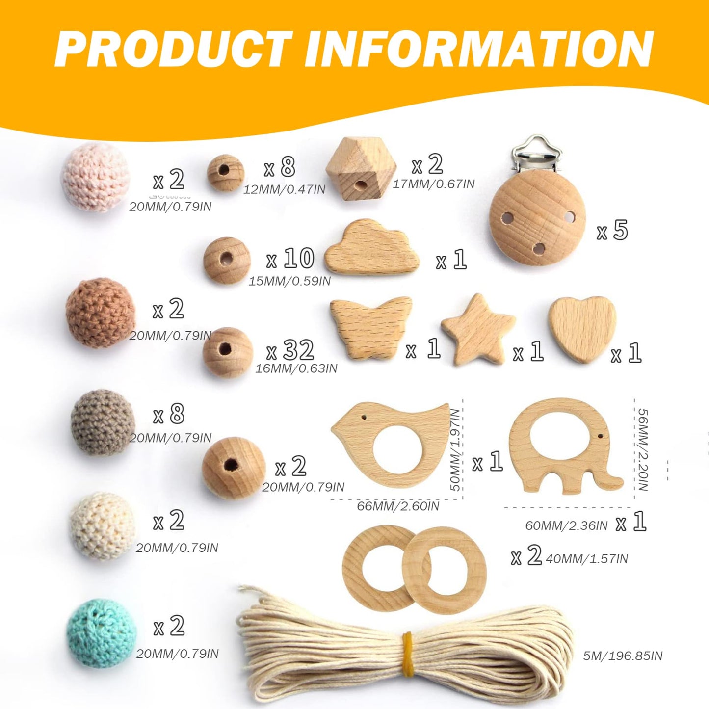 Wood Beads, Macrame Beads 84Pcs/Set Natrual Macrame Wooden DIY Crochet Wooden with Clips for Baby Pacifier Chain, Bracelets, DIY Crafts and Macrames