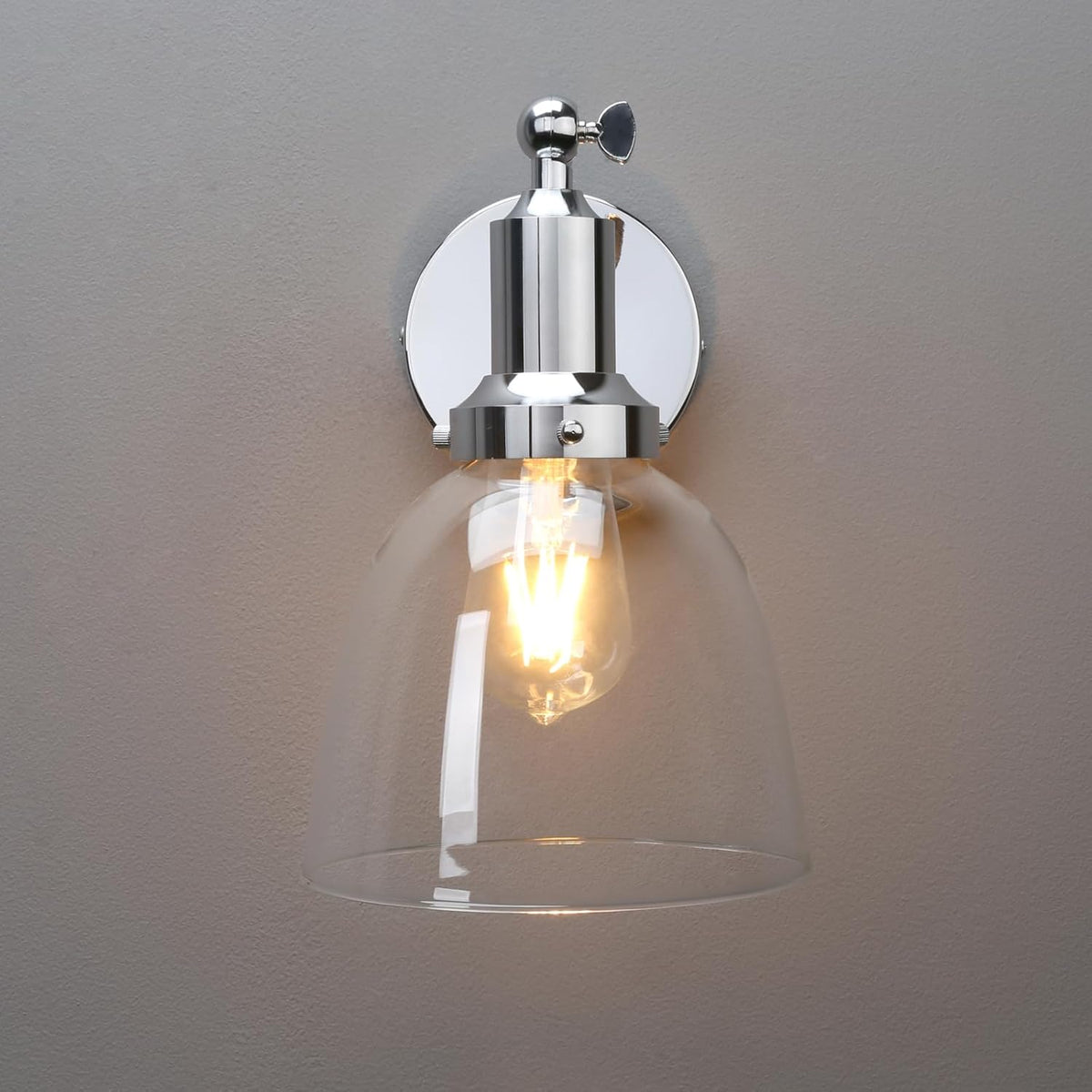 PERMO Industrial Vintage Wall Sconce Chrome Wall Sconce with 6.7" Oval Dome Clear Glass Shade Light Lamp Fixture