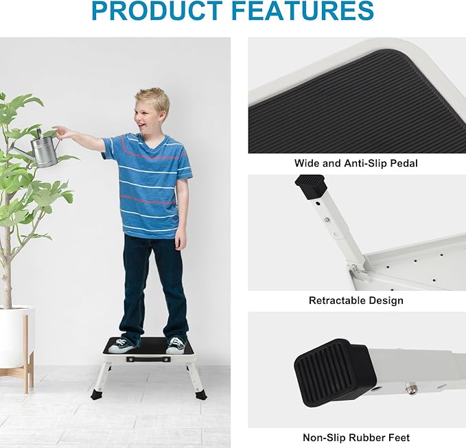 Valeo Folding Step Stool, Adjustable Step Stool with Non-Slip Platform, 500 Lbs Capacity, Step Ladder for Adults or Kids in Kitchen, Bathroom, RV, Camping, Office, White