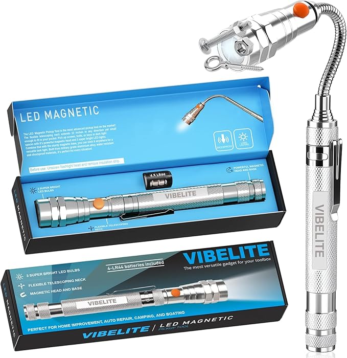 VIBELITE Extendable Magnetic Flashlight with Telescoping Magnet Pickup Tool-Cool Gadget Christmas Gifts Stocking Stuffers for Men, Husband, Dad, Father, Mechanic, Tech, Handyman, Him Women, Silver