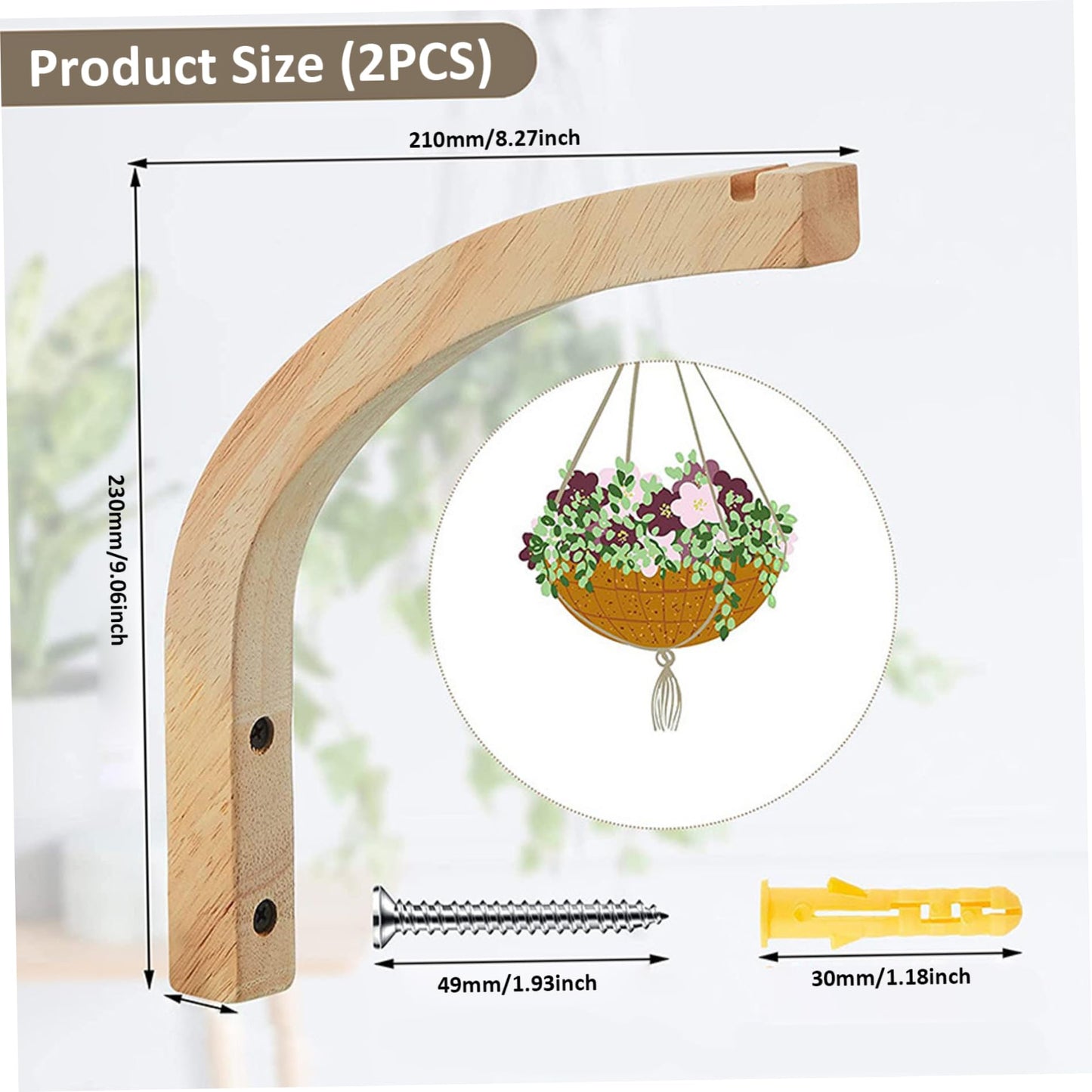 Jorzer 2PCS Plant Hooks for Wall, 8 Inch Wooden Plant Wall Hanger, Mounted Hanging Hook for, Lanterns, Flower Bracket, Wind Chimes