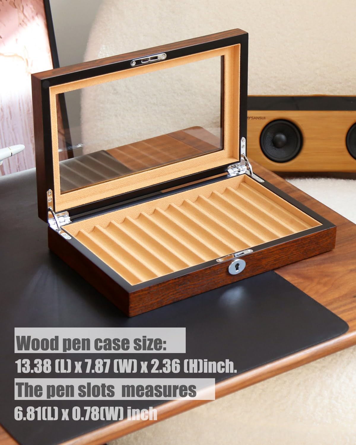Besforu 12-Slot Fountain Pen Collector Case – Lockable Wooden Organizer with Glass Display Top, Premium Storage Box for Writing Instruments and Gift for Men