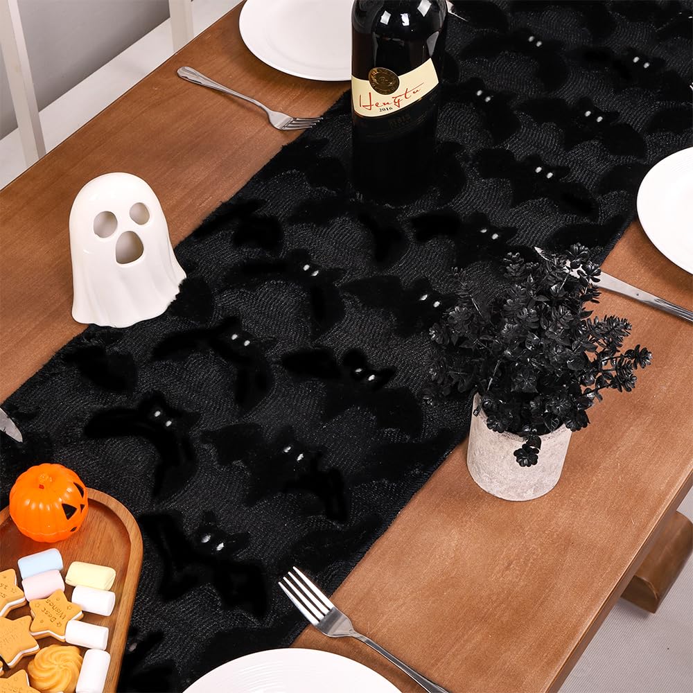 Heirloom Haven Black Bats Halloween Table Runner 13x72 Inch,Soft Plush Faux Fur Jacquard Seasonal Holiday Kitchen Dining Tabletop Runners for Home Indoor Decoration