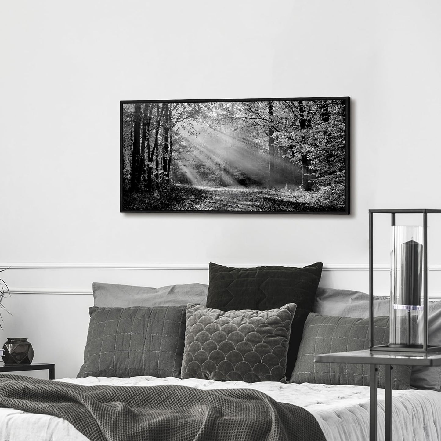 Black White Forest Wall Art - Sunset Landscape Framed Canvas Picture Woodland Painting Nature Tree Scenery Artwork Prints for Bedroom Living Room