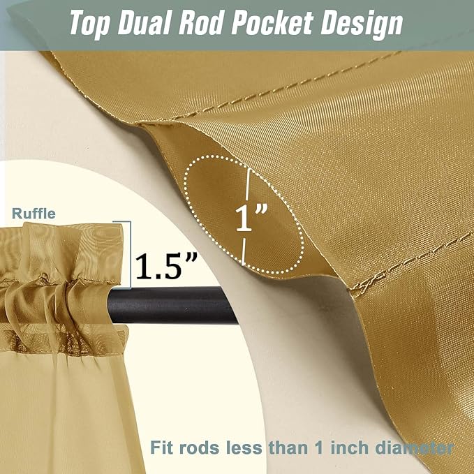 Gold Sheer Curtains 63 Inch Length 2 Panels, Voile Sheer Curtain for Living Room, Breathable Light Filtering Modern Window Treatments, Soft Fabric Dual Rod Pocket Drapes, 2x42Wx63L Inches
