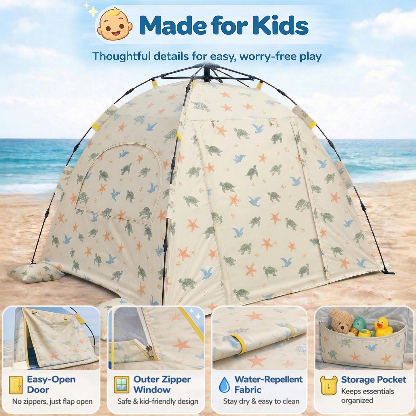 Baby Beach Tent Pop Up Sun Shelter with UPF 50+ UV Protection, Silver-Coated Interior, Breathable Mesh Ventilation, Easy Setup, Wind-Stable Beach Shade for Infants & Toddlers