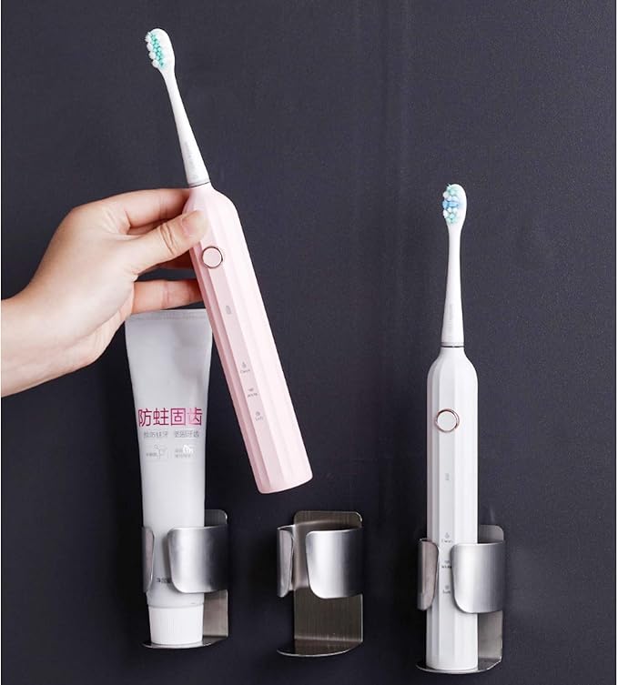 Electric Toothbrush Holder, 304 Stainless Steel Wall Mounted Self Adhesive Storage Organizer Stand Rack for Electric Toothbrush, Toothpaste, Facial Cleanser (Silver 4 Pack)