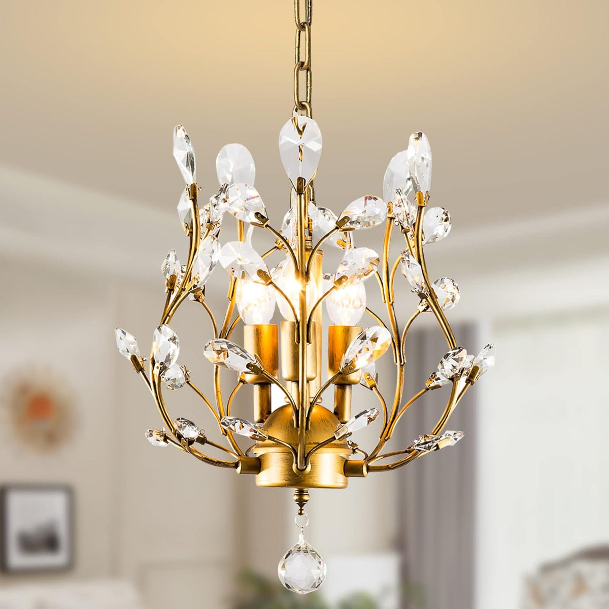 Ganeed Crystal Chandeliers,K9 Crystal Pendant Light with 3-Light Chandelier Lighting Fixtures,Ceiling Light for Living Room Bedroom Restaurant Hallway (Gold)