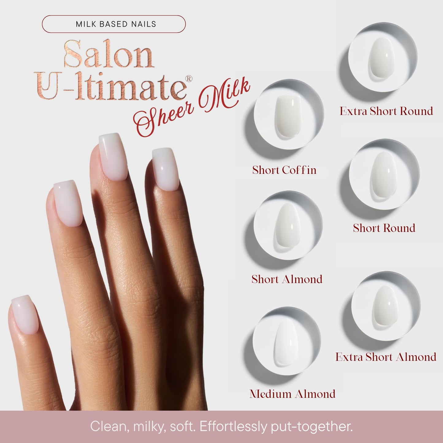 Celebritips Press On Nails - Salon U-ltimate™ | Sheer Milk, Short Coffin Nails, Reusable | 16 sizes - 32 Nails Kit with Glue and Sticky Tabs
