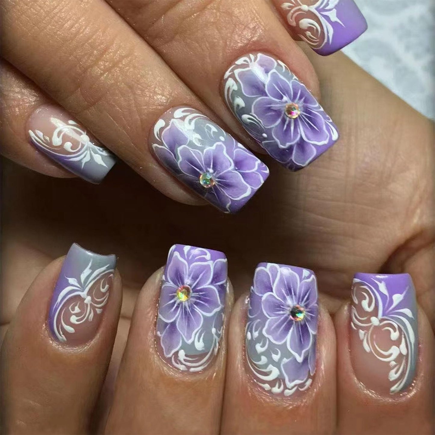 IMRAIN Press on Nails Short Square Fake Nails Matte Purple Flower Glue on Nails Spring Floral Squoval False Nails Artificial Acrylic Nail Supplies for Women Girls DIY Manicure Decorations