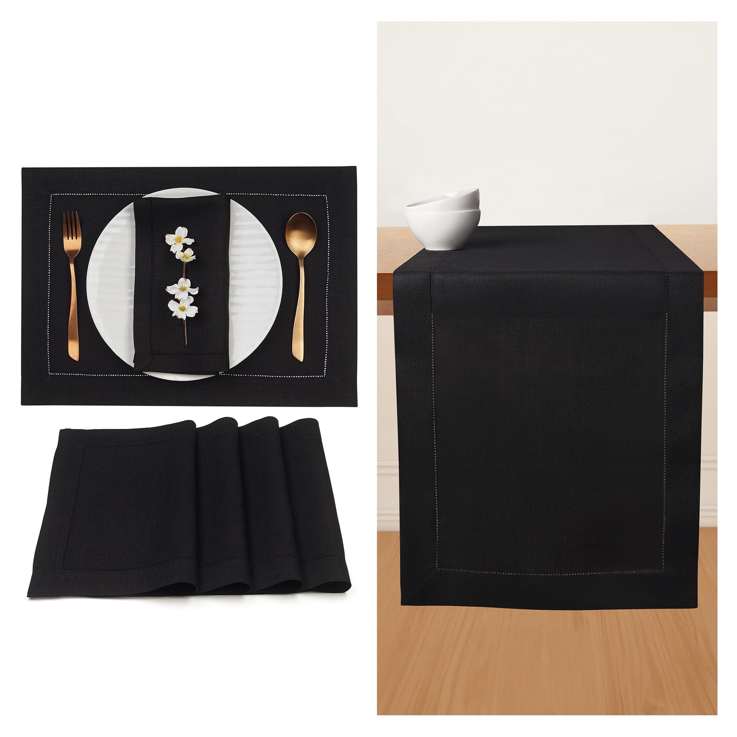 D’Moksha Homes Value Pack - Black Linen Table Runner and Placemats Set: 1 Linen Table Runner (14 x 36 Inch) and 4 Linen Placemats (14 x 19 inch); 5 pcs in Total; 100% Pure European Linen