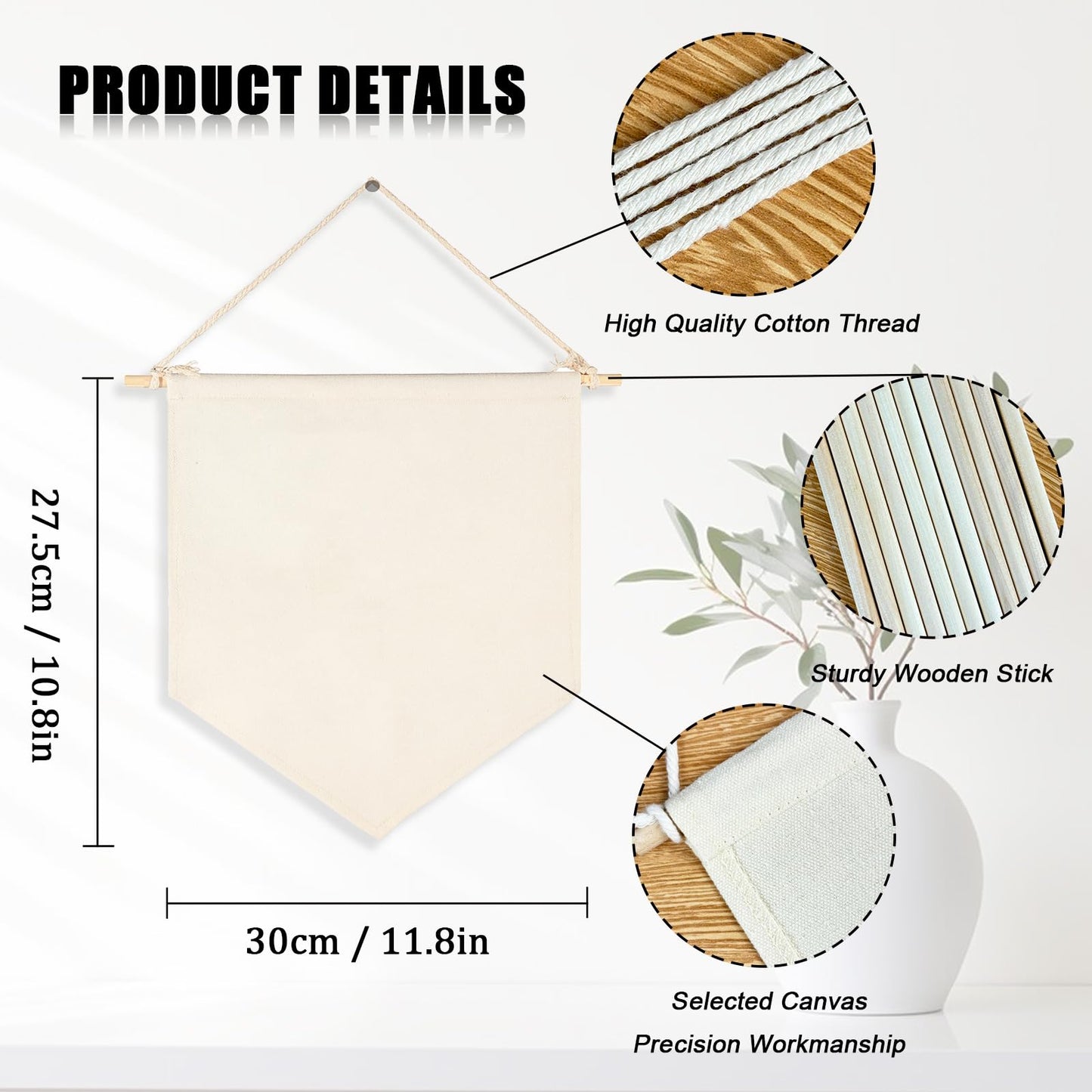 3Pcs Blank Wall Canvas Banners - Blank Pennant Flag Banner& Wooden Dowel &Unbound String - Decorative DIY Wall Decor, Interior Decoration, Baby Shower, Wedding, Graduation,Space,Corner, Classroom Decor,Meaningful DIY Gift