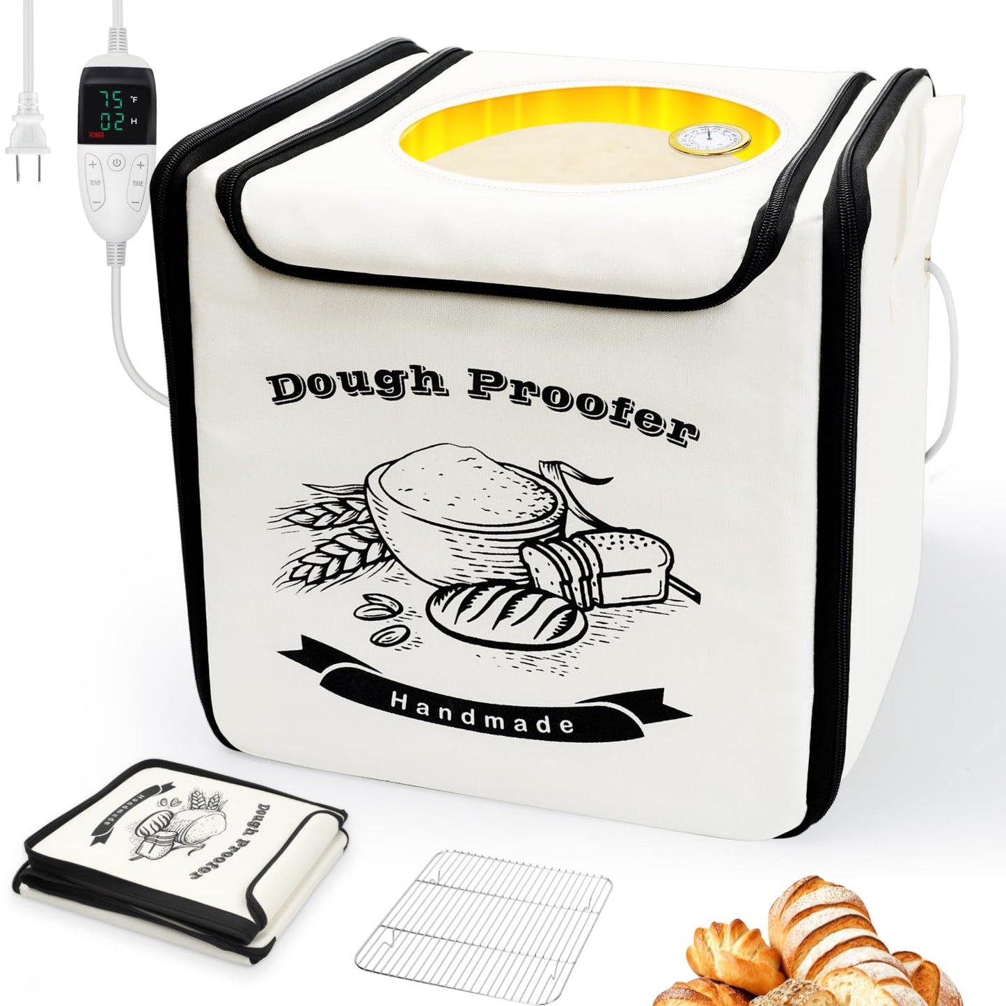 Homelove Folding Bread Proofing Box - Dough Proofer with 65-125℉ Temp Control & 25-Timer, Sourdough Starter Warmer with Metal Rack & Humidity Meter for Sourdough, Bread Baking, Pizza, Yogurt, Kombucha