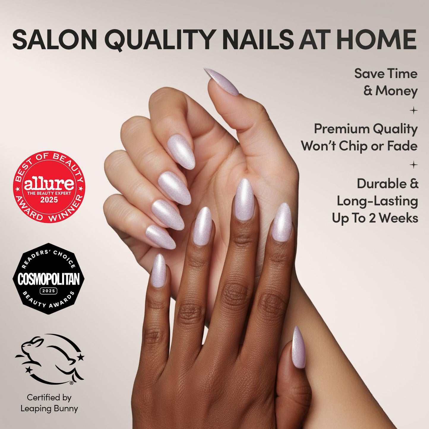 Glamnetic Press On Nails - Selenite | Soft White Sparkle Short Almond Fake Nails with a Glossy Finish, Salon Quality | 15 Sizes - 30 Nail Kit with Glue