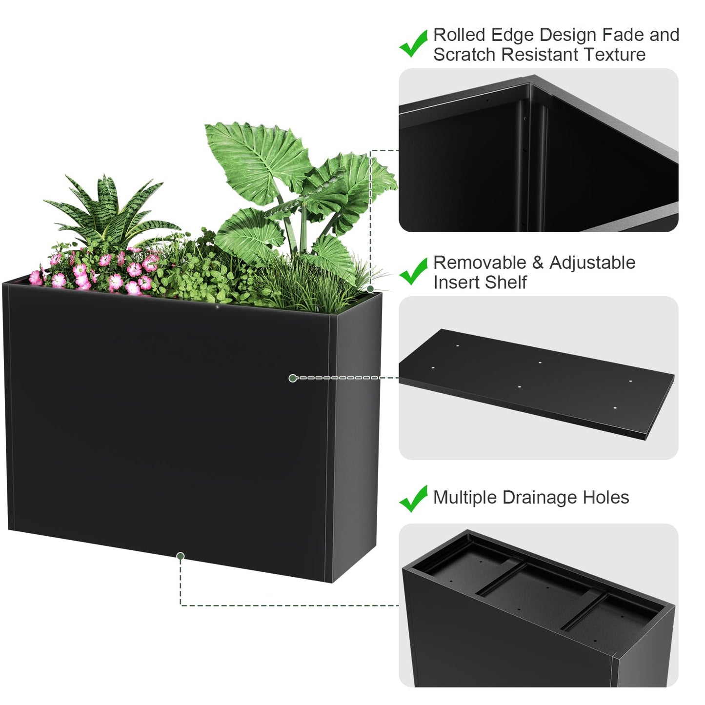 Nessxa Tall Metal Planter Box for Outdoor Plants 30" L x 12" W x 24" H, Heavy Duty Steel Large Planter Box with Removable Insert Shelf, Modern Décor for Tall Plants, Trees, Flowers (Black)