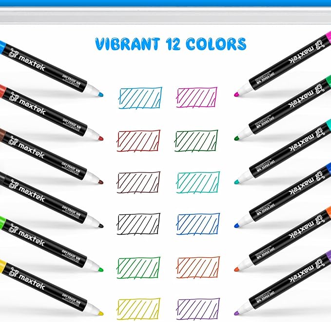 maxtek Magnetic Whiteboard Markers - 12 Count Colorful Fine Tip Dry Erase Markers with Eraser for Kids, Low Odor Thin Markers for Calendar Boards