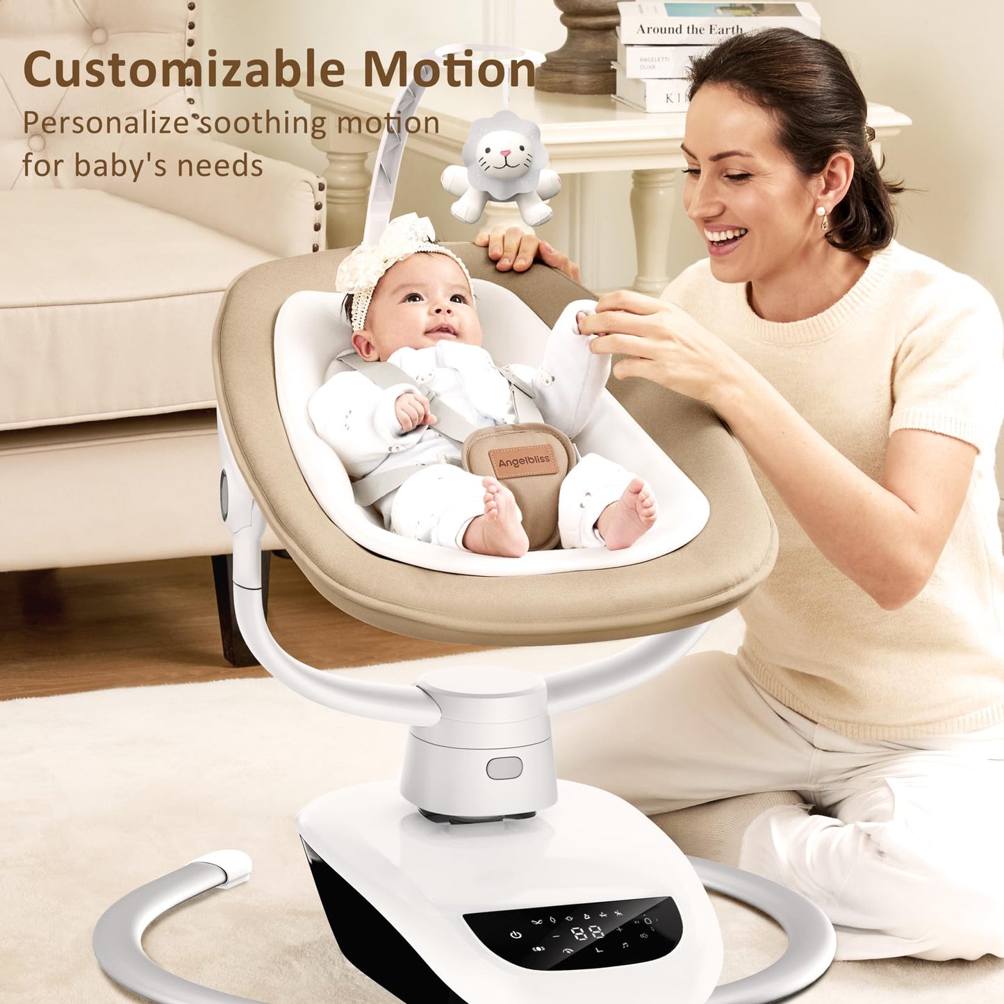 Angelbliss Baby Swing with Custom Motion, 3D-Motion Electric Swing with 6 Unique Motions & 4-Speeds, Bluetooth Enabled, 13 Preset Lullabies (Beige)