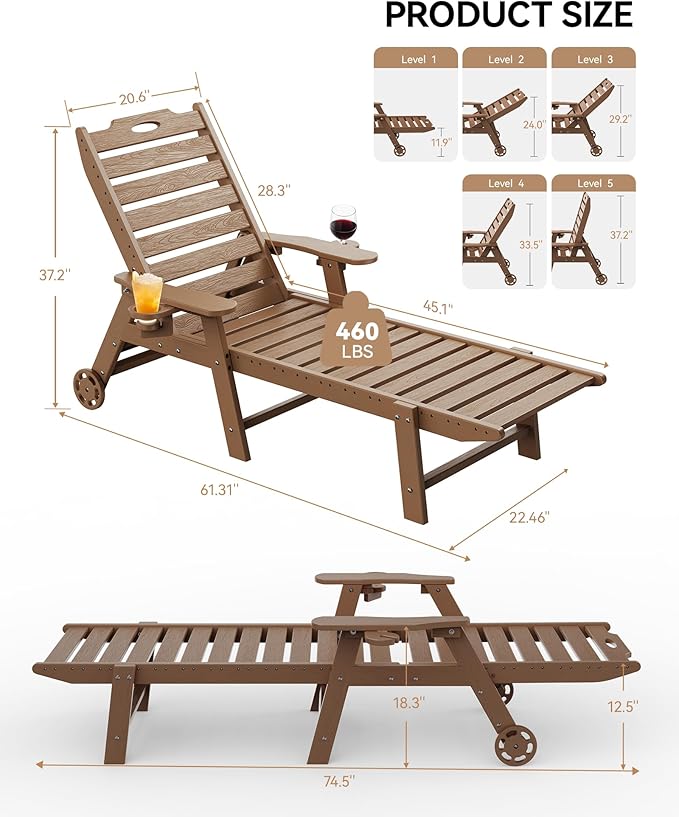 Carauci Lounge Chair Outdoor Set of 2, HDPE Chaise Lounge with Wheels, 5-Position Adjustable Backrest & 2 Cup Holders Patio Lounge Chair, All-Weather Pool Sun Lounger for Poolside, Backyard, Teak