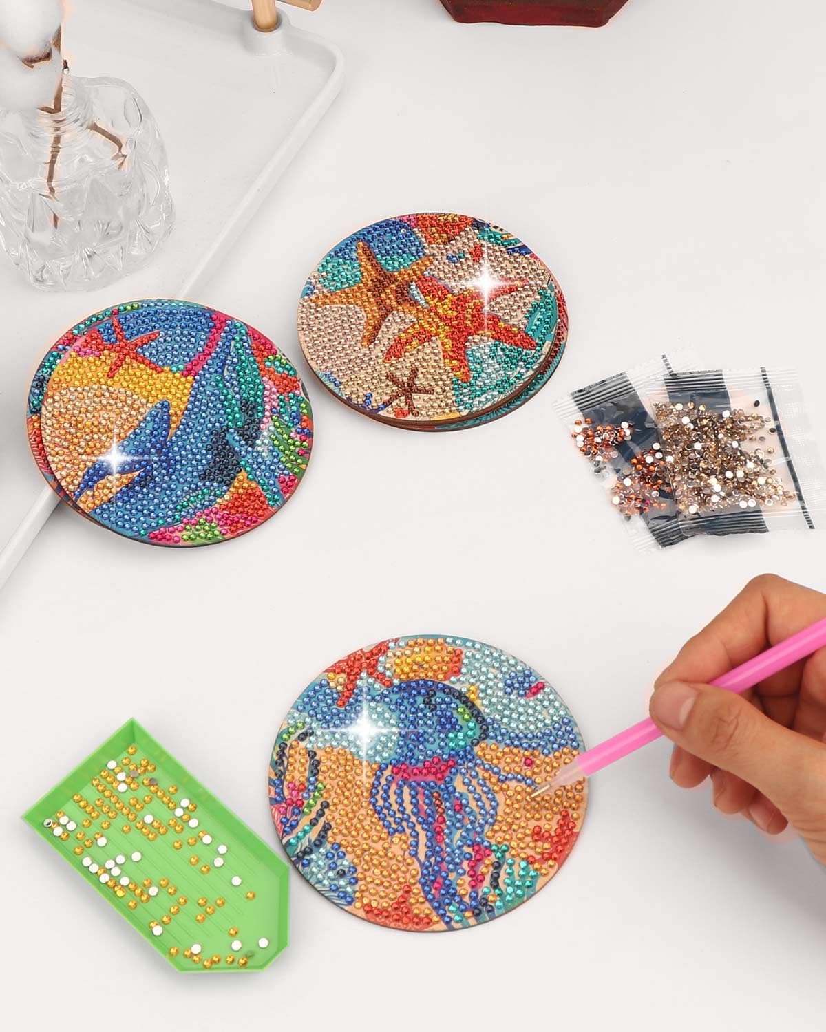 8 Pcs Diamond Art Painting Coaster Kit, DIY Small Gem Diamond Art Kits for Adults Women Beginners Kids, Diamond Dotz Kits Non Slip Coaster Craft Art Supplies (Ocean)