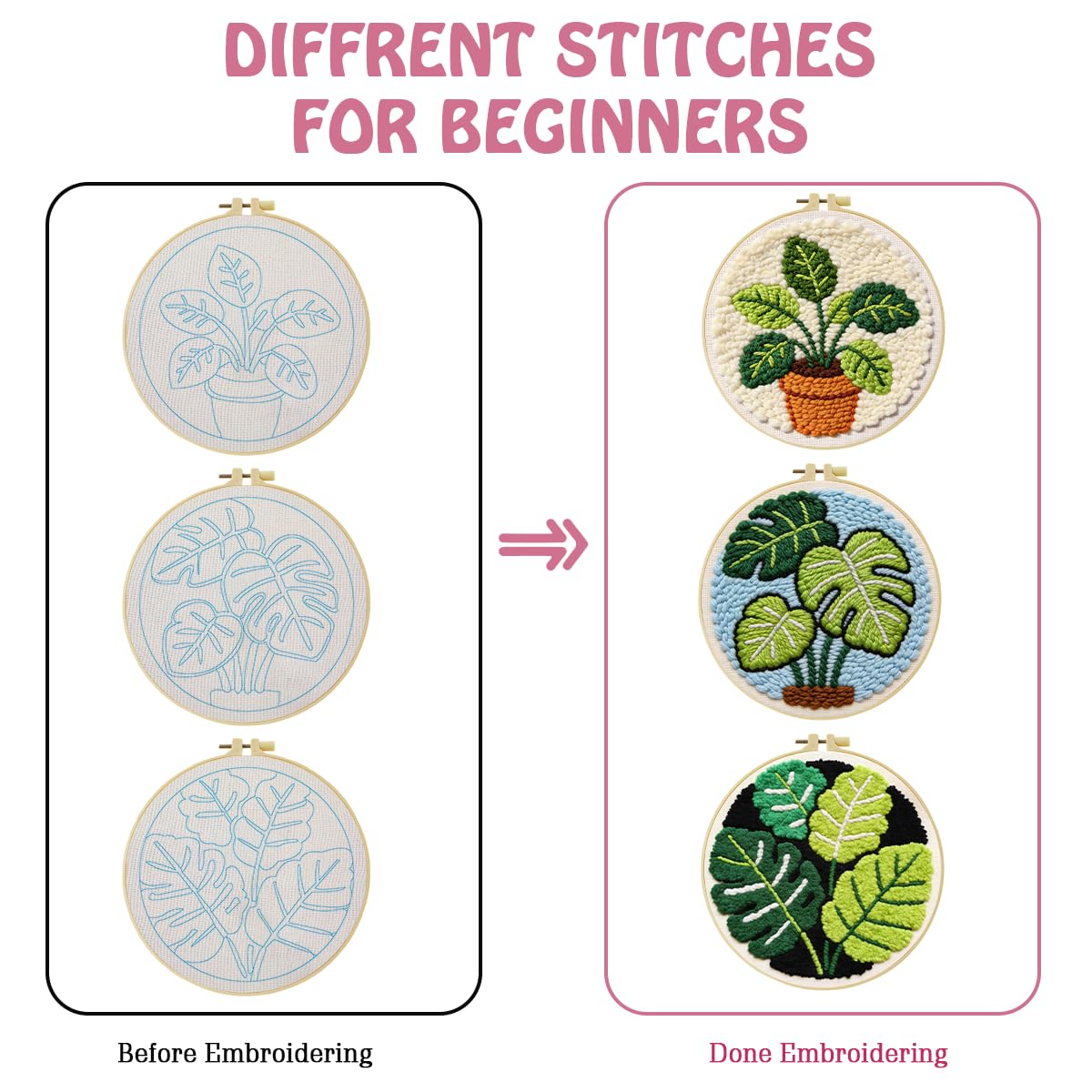 JOZYSH Green Plants of Various Shapes Punch Needle Kits for Beginner, DIY Punch Needle Kit Adults Beginner Include 3 Pre-Printed Fabrics, Embroidery Hoop, Threads, Craft Gifts and Decorations