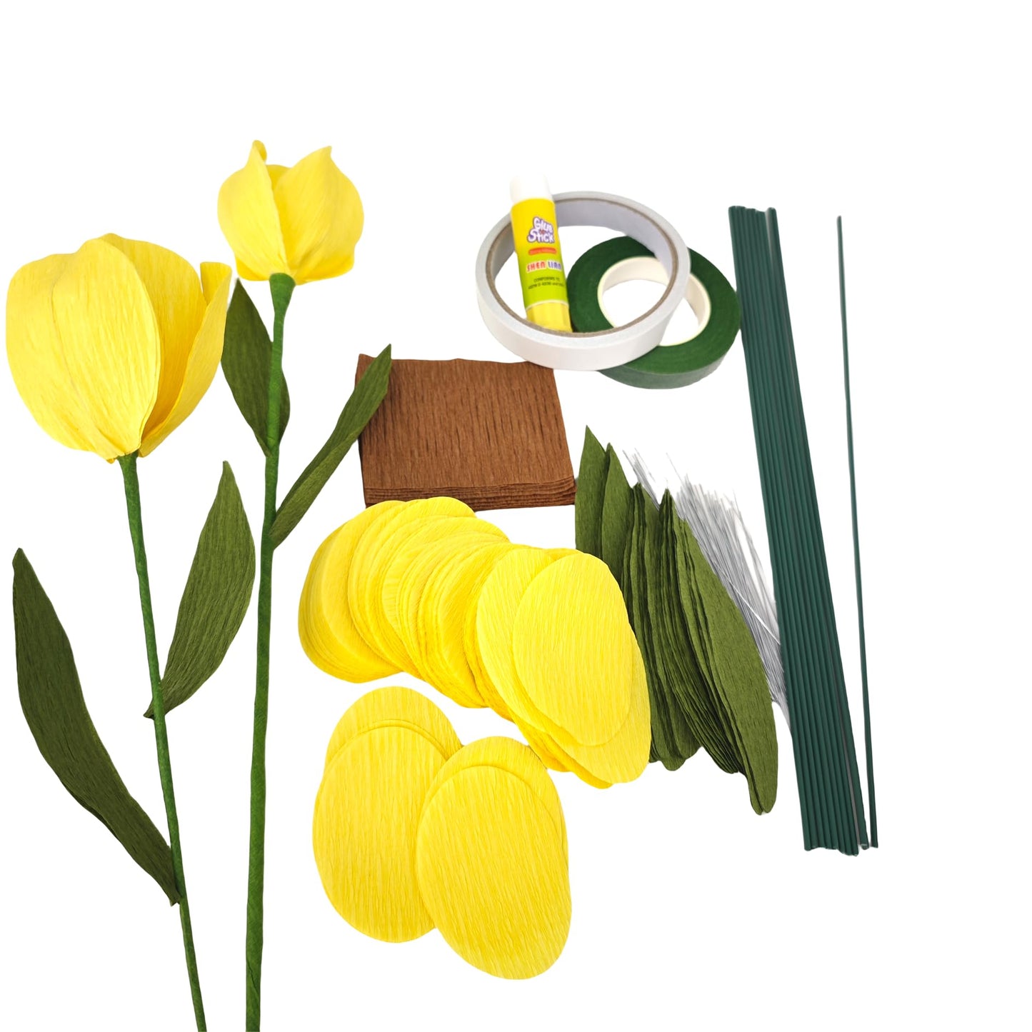 Yellow Crepe Paper Tulip Bouquet for Home Decor Table Centerpieces DIY Flower Making Kit with Floral Tape & 12 Wire Stems