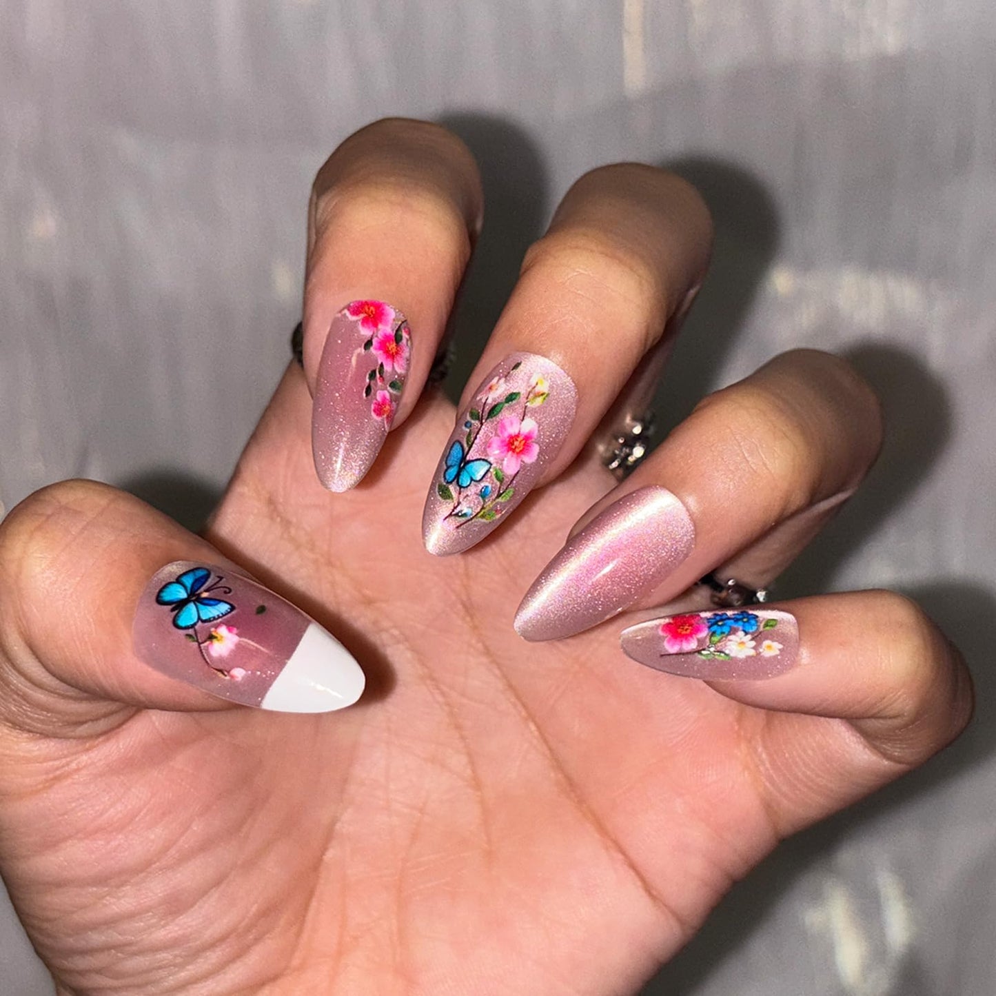 Spring Press on False Nails White French Tip Cat Eye Fake Nails Medium Almond Glue on Nails with Colorful Flower Butterfly Designs Glossy Press ons Stick on Nail for Women Manicure 24Pcs