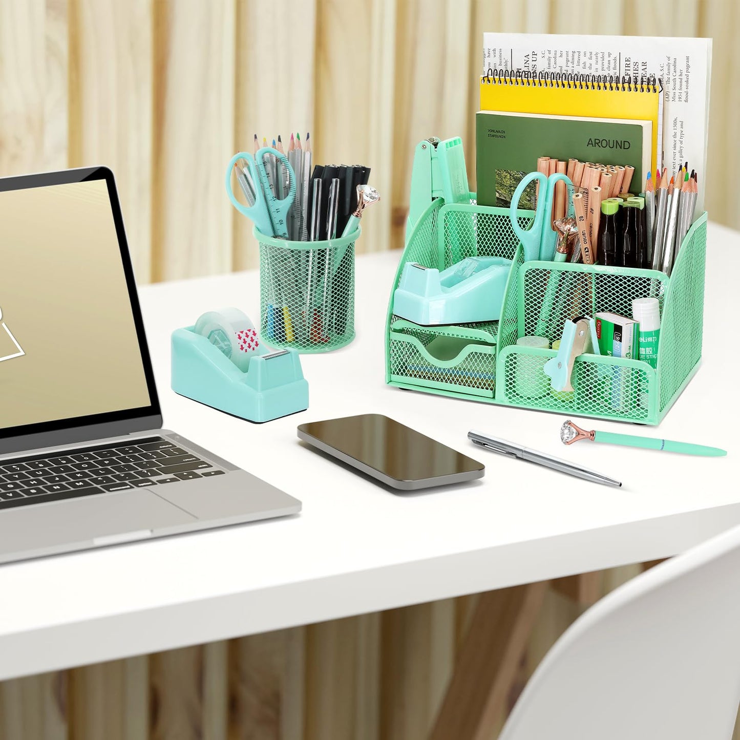 13-in-1 Office Desk Organizer Set with Stapler and Tape Dispenser, Pen Holder, Scissors, Ruler, Hole Punch, 2 Pens & More Desktop Accessories for Back to School Supplies (Green)