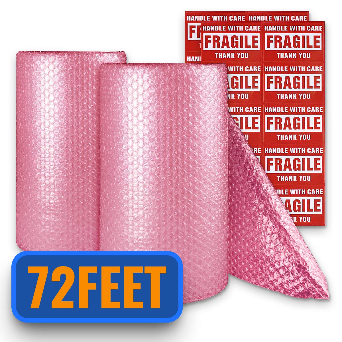Anti-Static Bubble Cushioning Wrap Roll 2 Pack 3/16" Air Bubble 12 Inch x 72 Feet Total, Perforated Every 12 Inch with 20pcs Fragile Stickers Packing Supplies for Heavy-Duty Moving Shipping