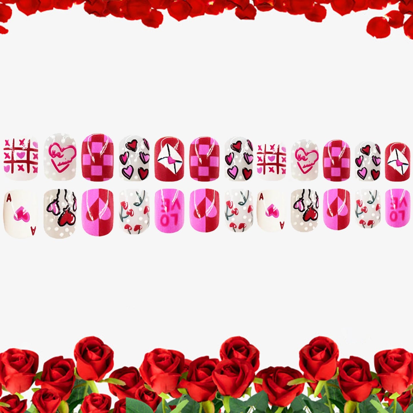Heart Press on Nails Short Square Artificial Acrylic False Nails Colorful Love with Cherry Coffin Nail Full Cover Glossy Artificial Fingernails Valentines Stick on Nail for Women Festival Manicure