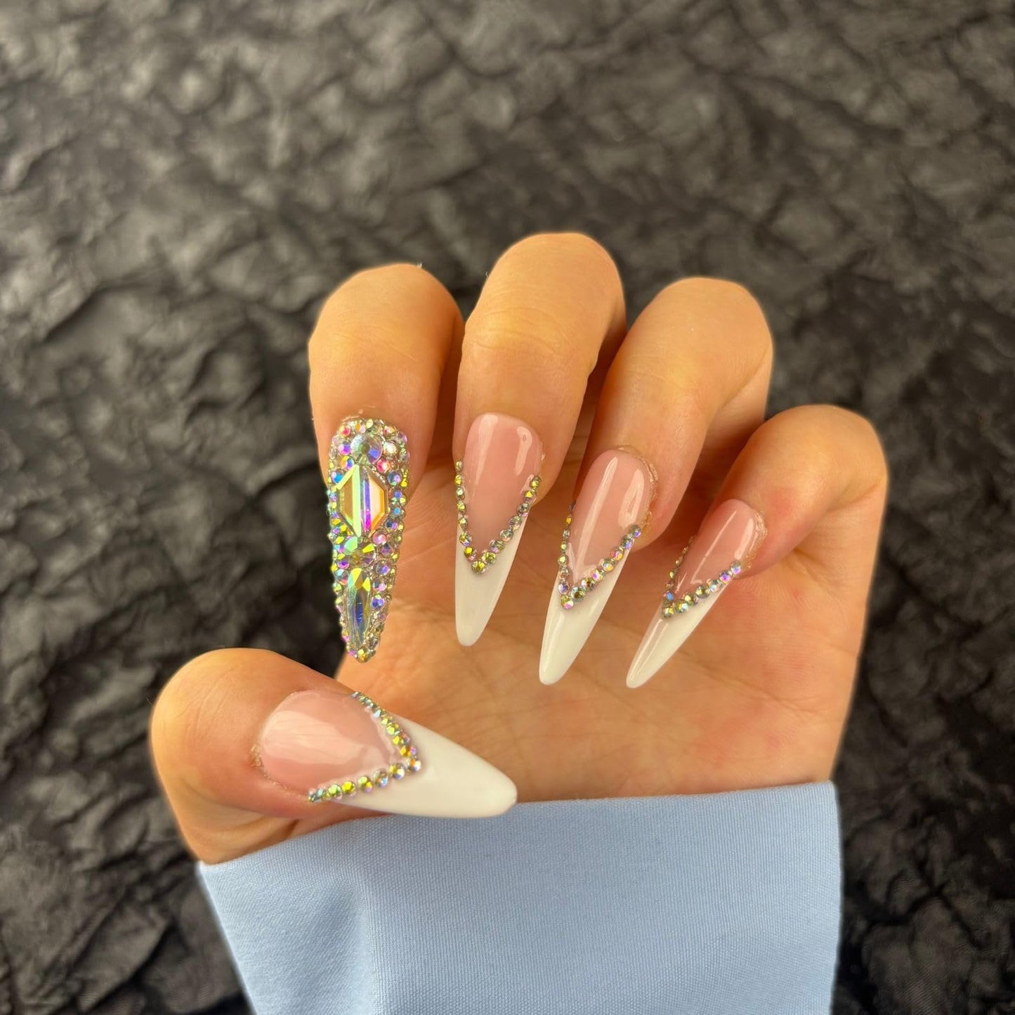 Yabonica French Tip Press On Nails Long Stiletto,10 Pcs Handmade Acrylic Fake Nails Press Ons Salon Design Stick On Nails,Luxury UV Gel Glue On False Nails with 3D Rhinestone (Middle Size)