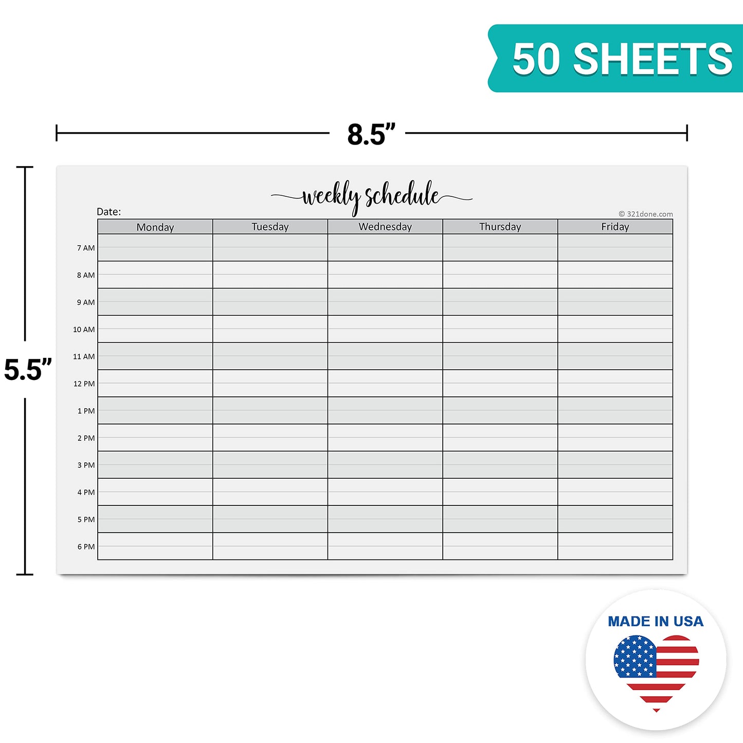 321Done Weekly Schedule Planning Notepad - 50 Sheets (5.5x8.5) – Hourly Appointment Productivity Weekly Planner Tear-Off Note Pad - Cute Simple Script Half-Letter Small Size - Made in USA