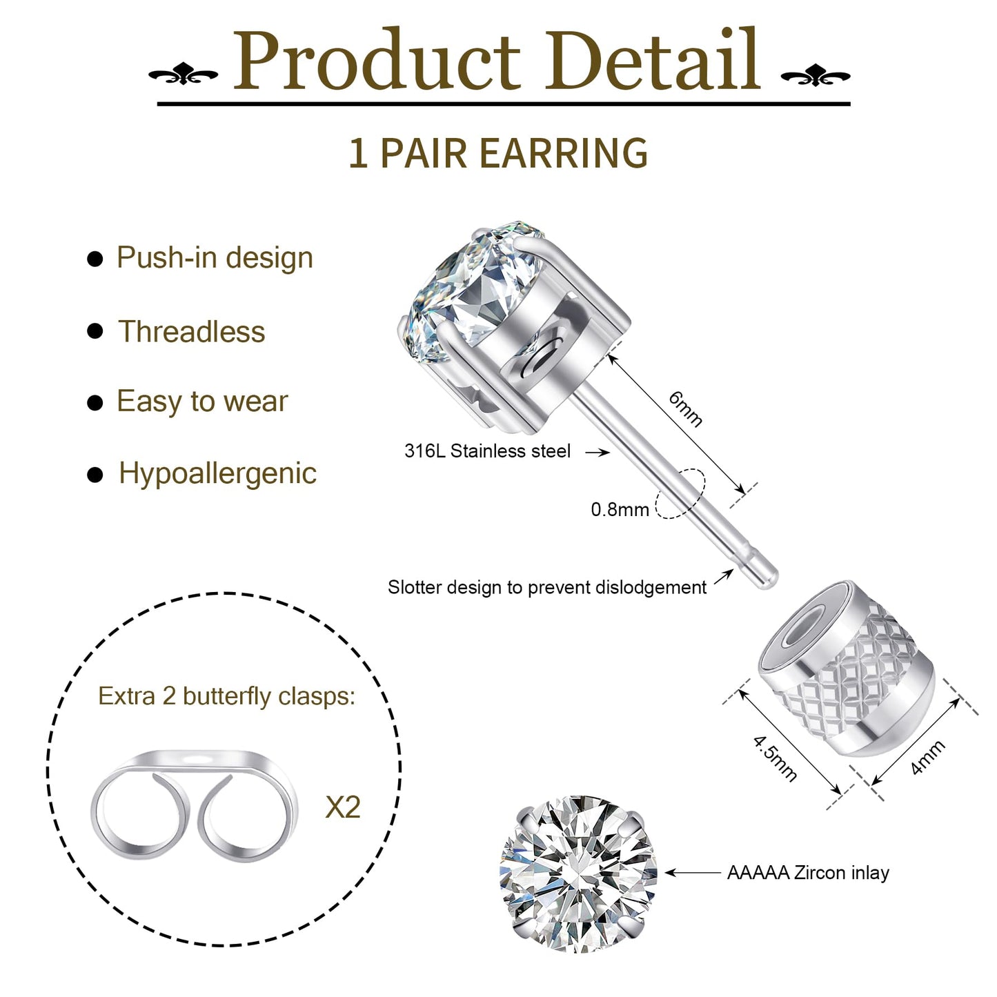 Hypoallergenic Threadless Flat Back Earrings,1 Pairs Cartilage Stud for Women Men Titanium Post 20G None Screw Easy Push in Gold Black Silver Stainless Steel Flatback with CZ 3-8mm (Silver Stud, 6mm)