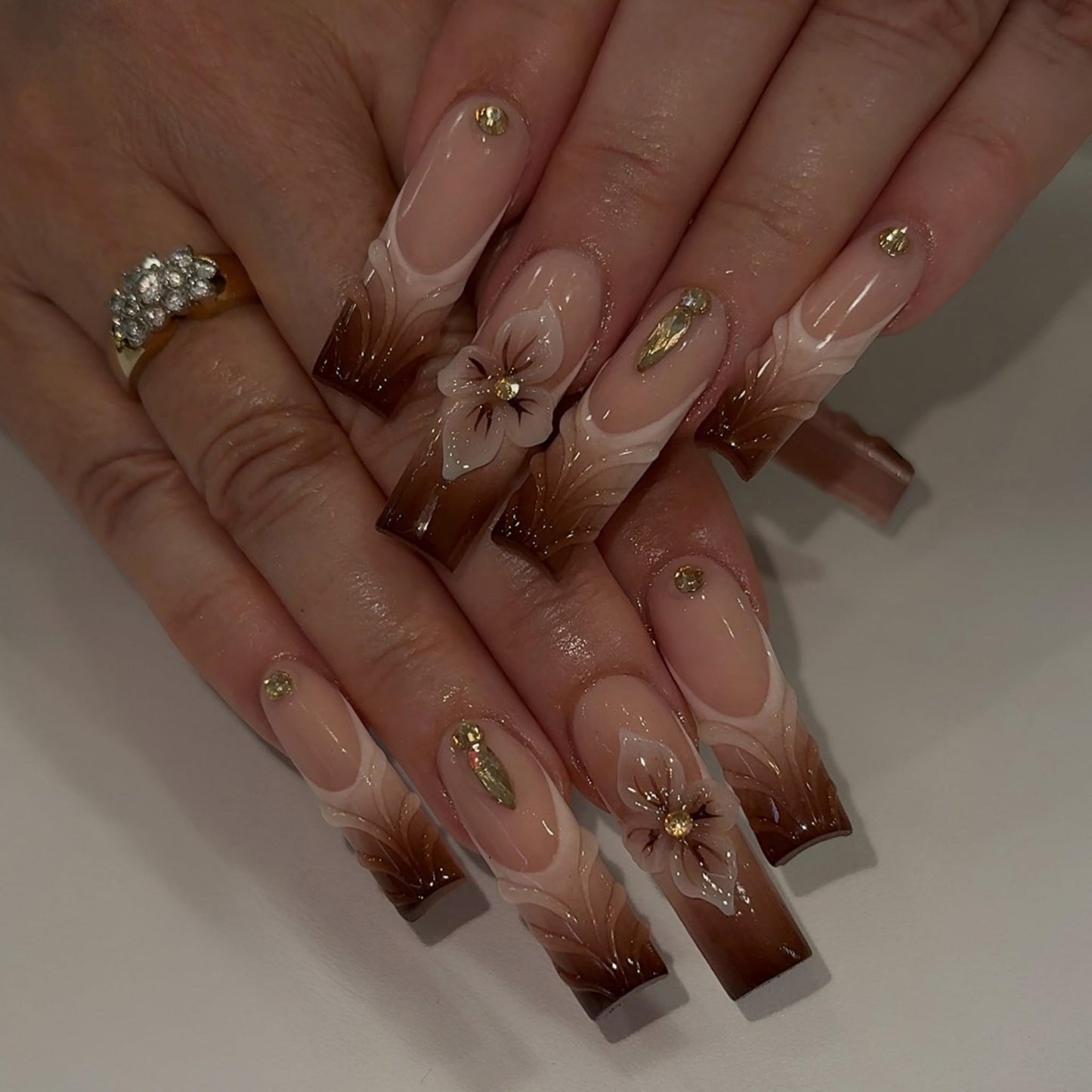 SEENEEY Long Press on Nails Square Fake Nails Brown Artificial Nail 3D Flowers Designs Rhinestones Glitter Stick on Nail for Women 24pcs