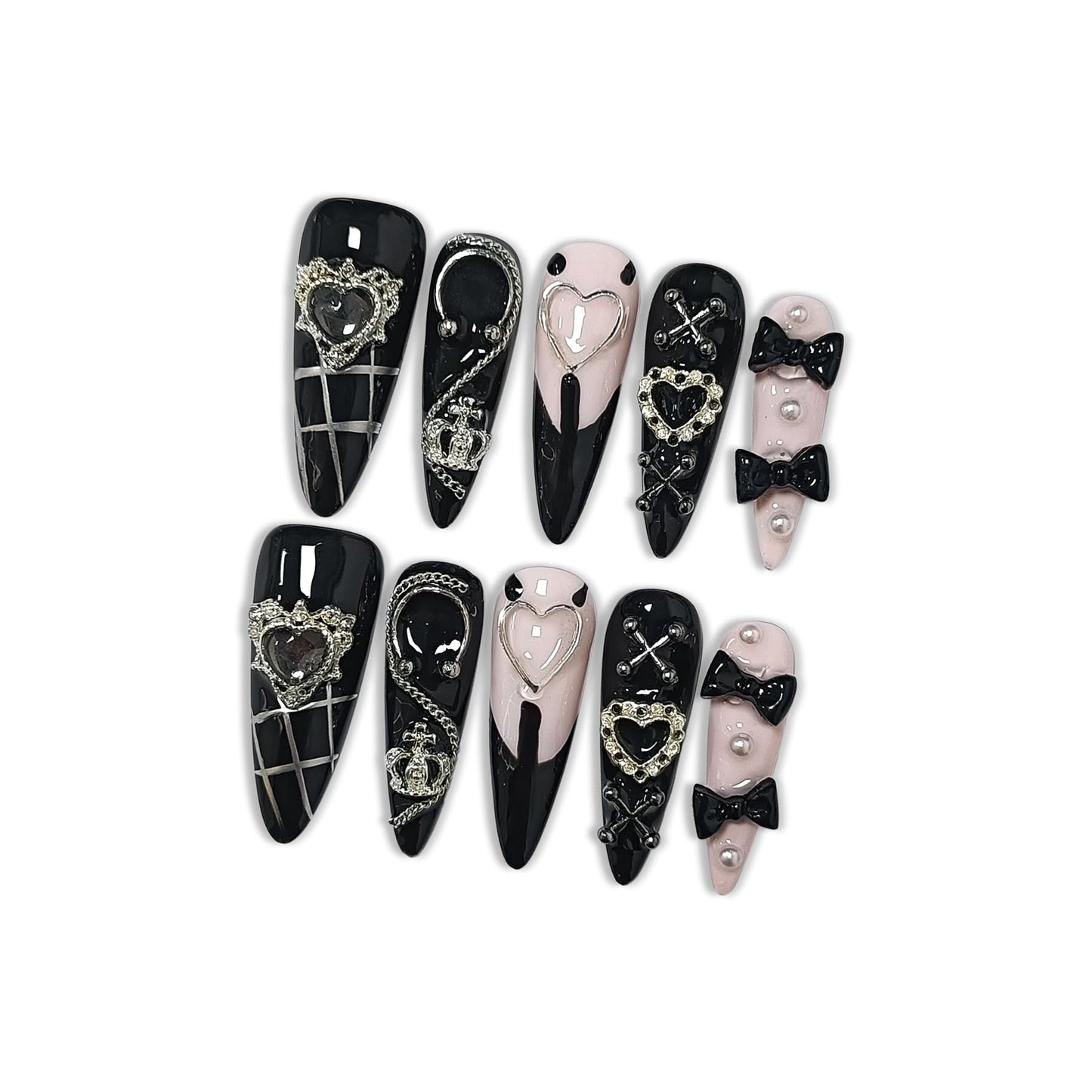 Hantyer Gothic Y2K Press on Nails, Long Stiletto Glossy Black & White Nails, Silver Gothic Charms, Black Rhinestones & 3D Hand-Painted Art, Salon Nails Edgy Style for Nightlife & Concerts (Size M)