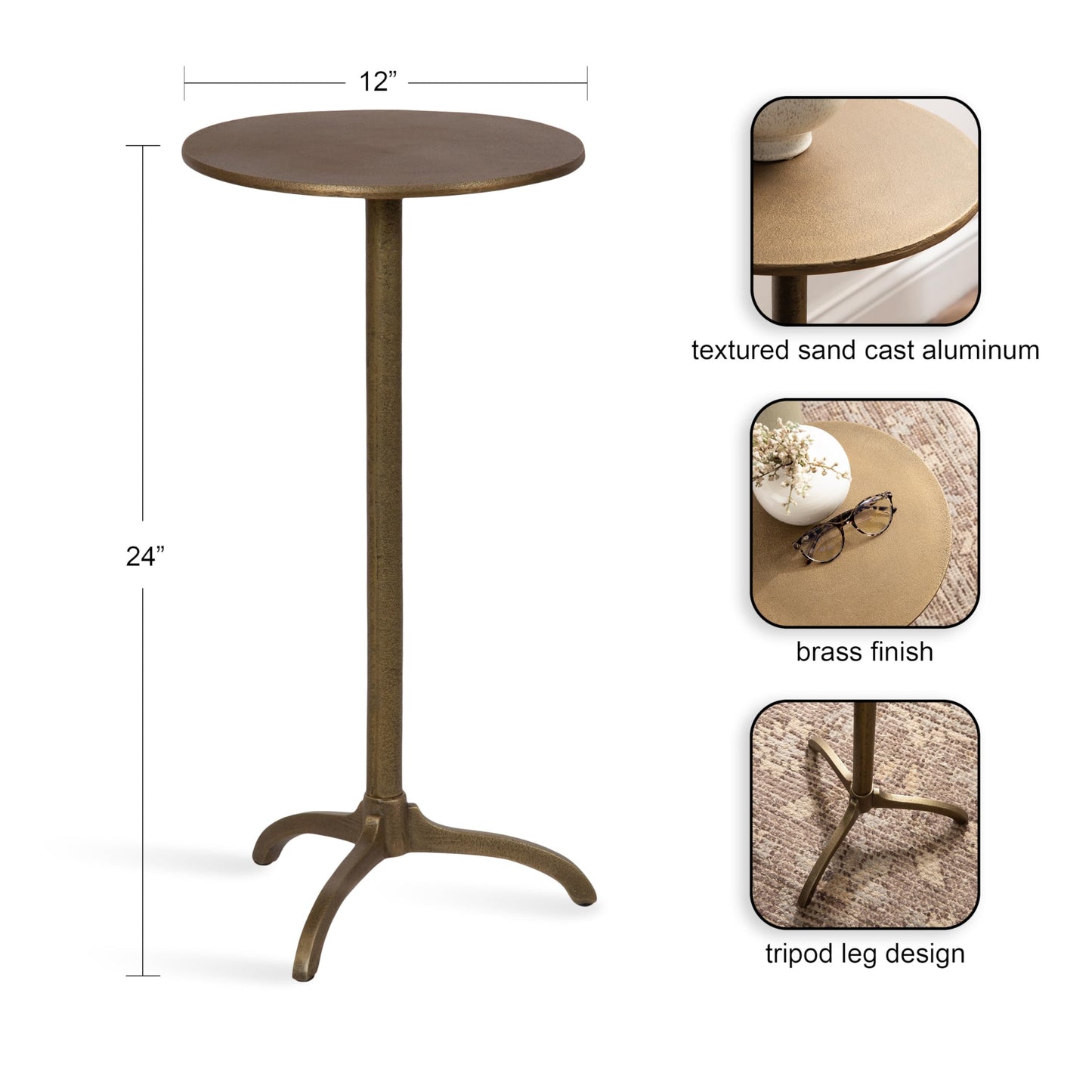 Kate and Laurel Henshall Mid-Century Metal Round Side Table, 12 x 12 x 24, Antique Brass, Sand Cast Aluminum Sculptural Indoor Plant Stand with Tripod Base for Use as End Table or Bedroom Nightstand