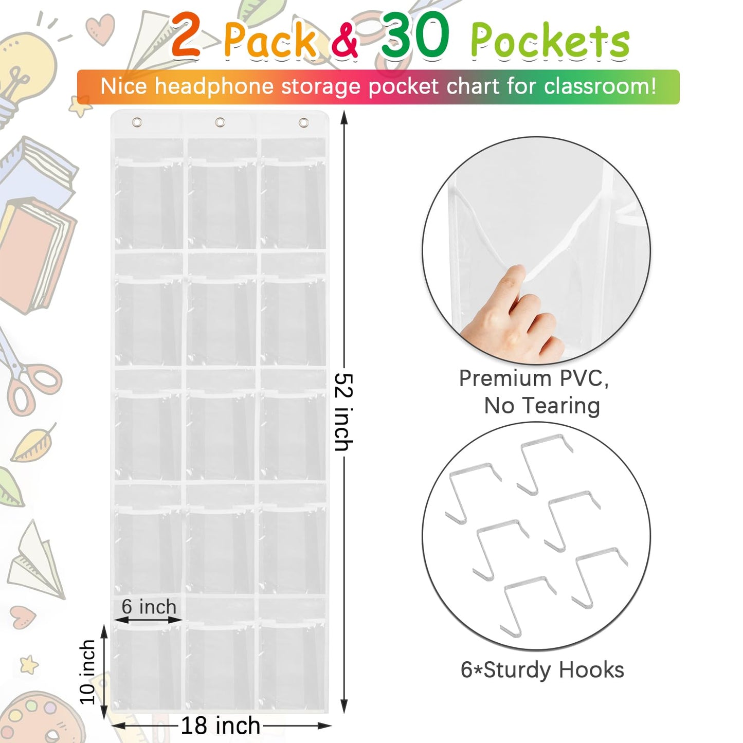 Olpchee 2 Pack Classroom Headphone Storage Organizer with 30 Pockets, PVC Clear Classroom Pocket Chart for Headphone Cell Phone Over-the-Door Hanging Headphone Holder Bag with 62 Labels(White)