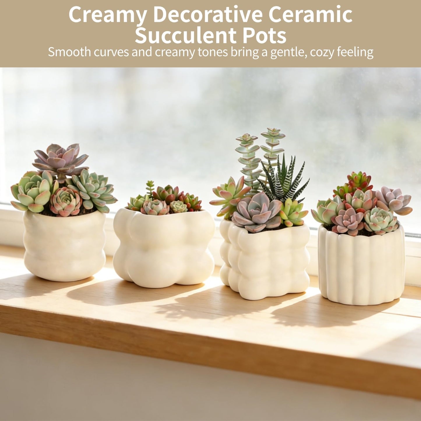 NIMBLOOM 4 PCS Ceramic Succulent Pots, Creamy Soft Shape Decorative Plant Pots Puffy Design Minimalist Sculpted Ceramic Planters with Drainage Hole and Anti-Slip Base for Cozy Home Decor