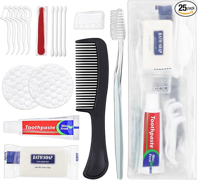 25 Sets Personal Hygiene Kit Bulk, Disposable Toothbrushes with Toothpaste Floss Comb Soap Cover and Vanity Kit, Toiletry Kits Homeless Supplies Bulk for Women,Men,Travel,Homeless
