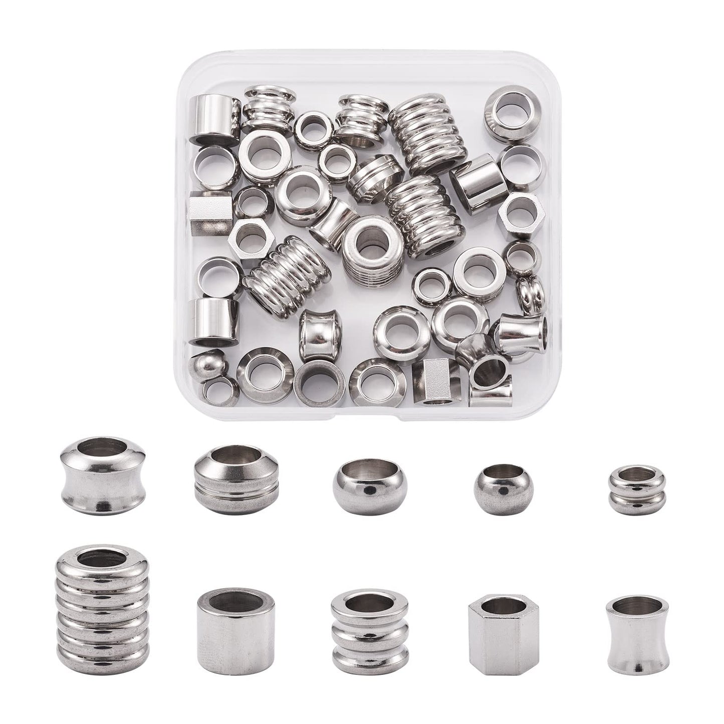Fashewelry 50pcs Column Rondelle European Beads Large Hole Stainless Steel Loose Beads Assorted Tube Drum Spacer Finding Beads for Macrame Braided Necklace Choker Bracelet Earring Making