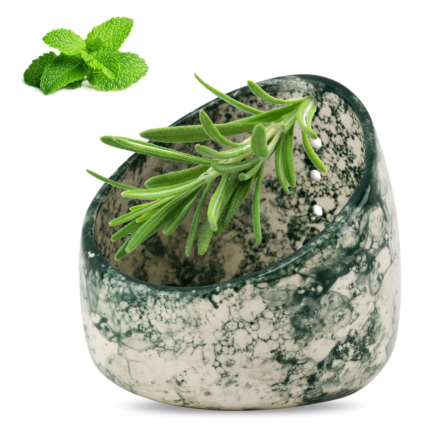 Herb Stripper Bowl, Handmade Ceramic Herb Stripper, Pottery Kitchen Efficient Leaf Removal Tool Available in Different Hole Sizes for Peeling the Stemmed Leaves(Color:Green)