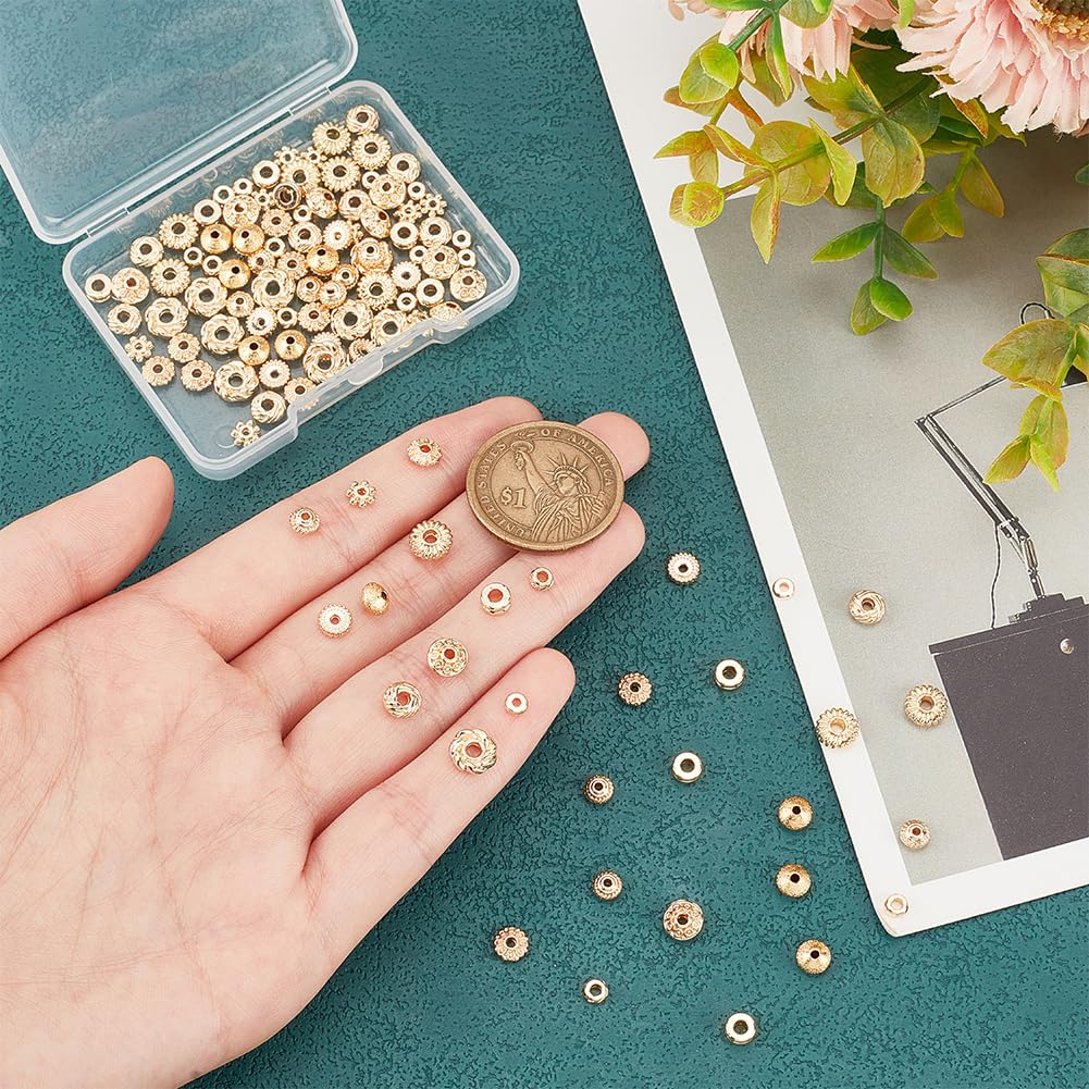 PH PandaHall 120Pcs 14K Gold Spacer Beads, 12 Style Alloy Brass Spacer Beads Gold Flat Bead Flower Cylindrical Bead for Jewelry Making Stackable Bracelet Necklace Earring