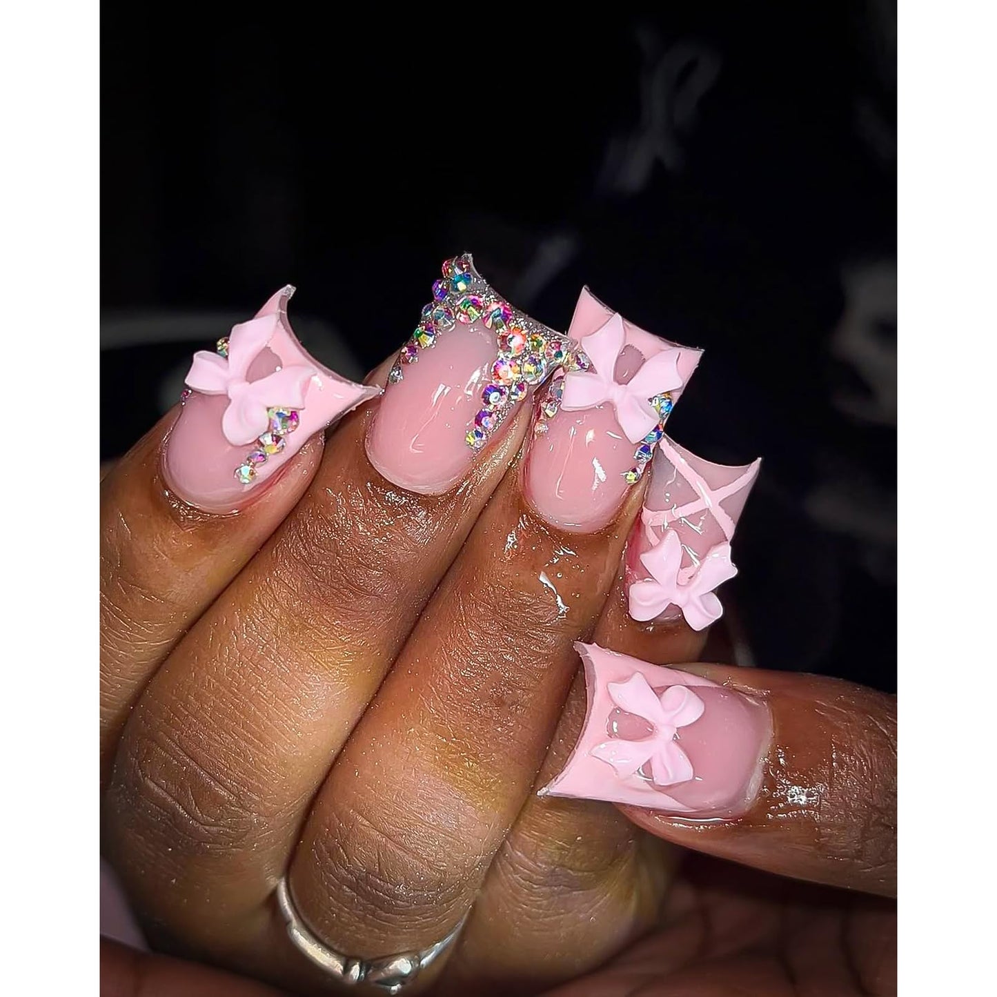 Exylixor Handmade Press on Nails Short Duck Shape - Romantic Balletcore Pink Fake Nails, 3D Bows & Rhinestone Flared False Nails, Coquette Style, 10 Pcs for Women (Size M)