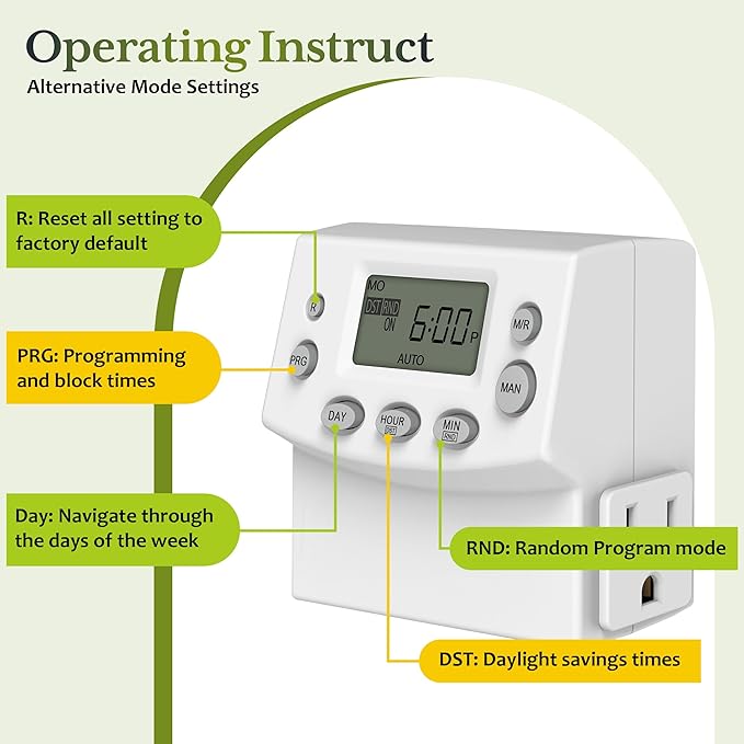 TG Heavy Duty Programmable Plug-in Digital Timer for Electrical Outlets, 7-Day Schedule, Random Mode, Daylight Savings, White