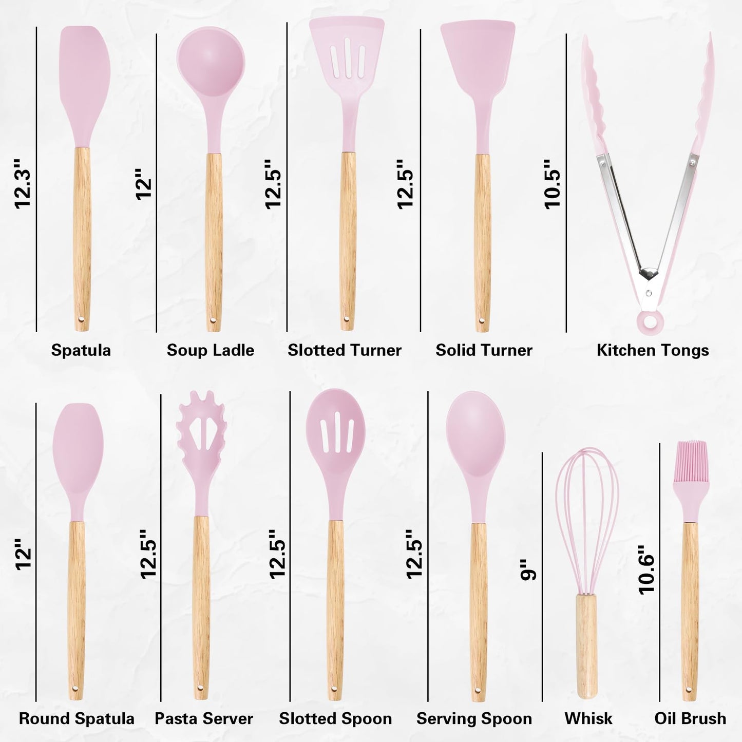 CADABY 19 PCS Kitchen Cooking Utensils Set, 11 Pieces Silicone Cooking Utensils Set 6 Pieces Sharp Stainless Steel Pink Knife Set with 1 Piece Cutting Board, Ideal for Apartment