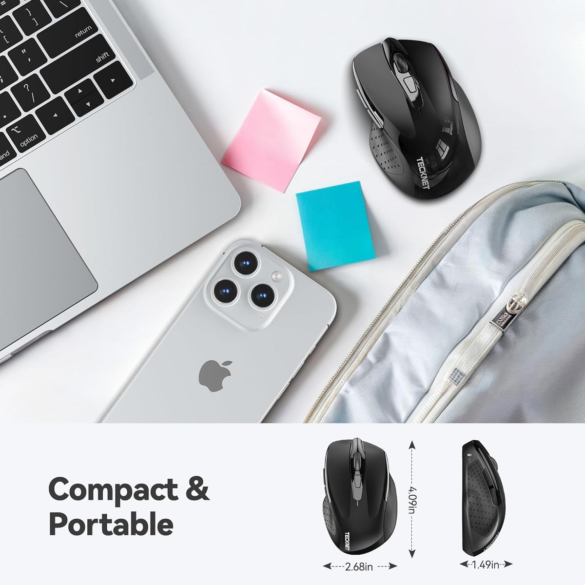 TECKNET Wireless Mouse, 2.4G Ergonomic Optical Mouse, Computer Mouse for Laptop, PC, Computer, Chromebook, Notebook, 6 Buttons, 24 Months Battery Life, 2600 DPI, 5 Adjustment Levels, for Small Hand