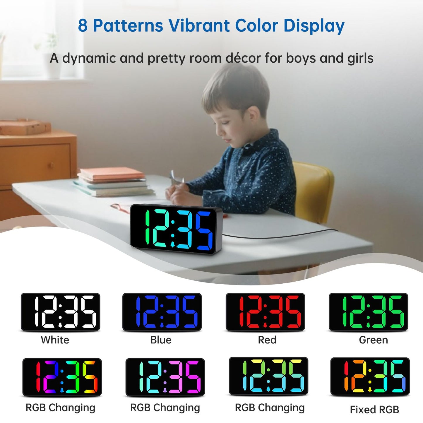 DreamSky Small Digital Alarm Clocks for Bedrooms - RGB Electric Alarm Clock for Kids Bedside Nightstand, Desk Clock with Large Numbers, Dimmer, Adjustable Alarm Volume, USB Port, USB-C Adapter Powered